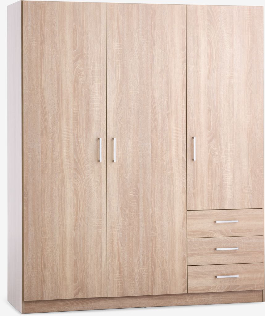 Wardrobe FANDRUP 145x176 3 doors 3-draw light oak colour - JYSK