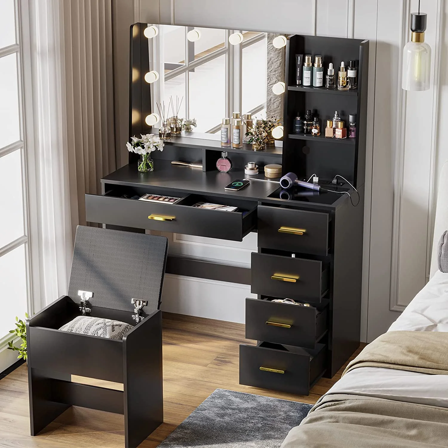 Lowest Prices - Black Vanity Set with Lights & Charging Station & Cushioned Stool, Modern Makeup Vanity Desk Table with Visible Drawers and Open Storage Shelves for Women Girls - JYSK