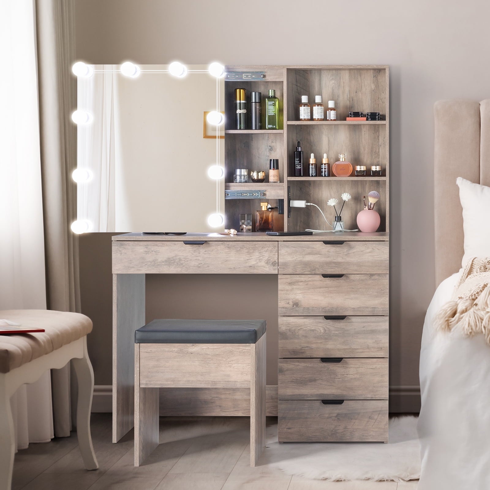 Lowest Prices - Ktaxon Vanity Set with 3 Color Lighted Mirror & Charging Station, Makeup Table with 6 Drawers, Dressing Table Makeup Desk with Stool,Retro Gray - JYSK