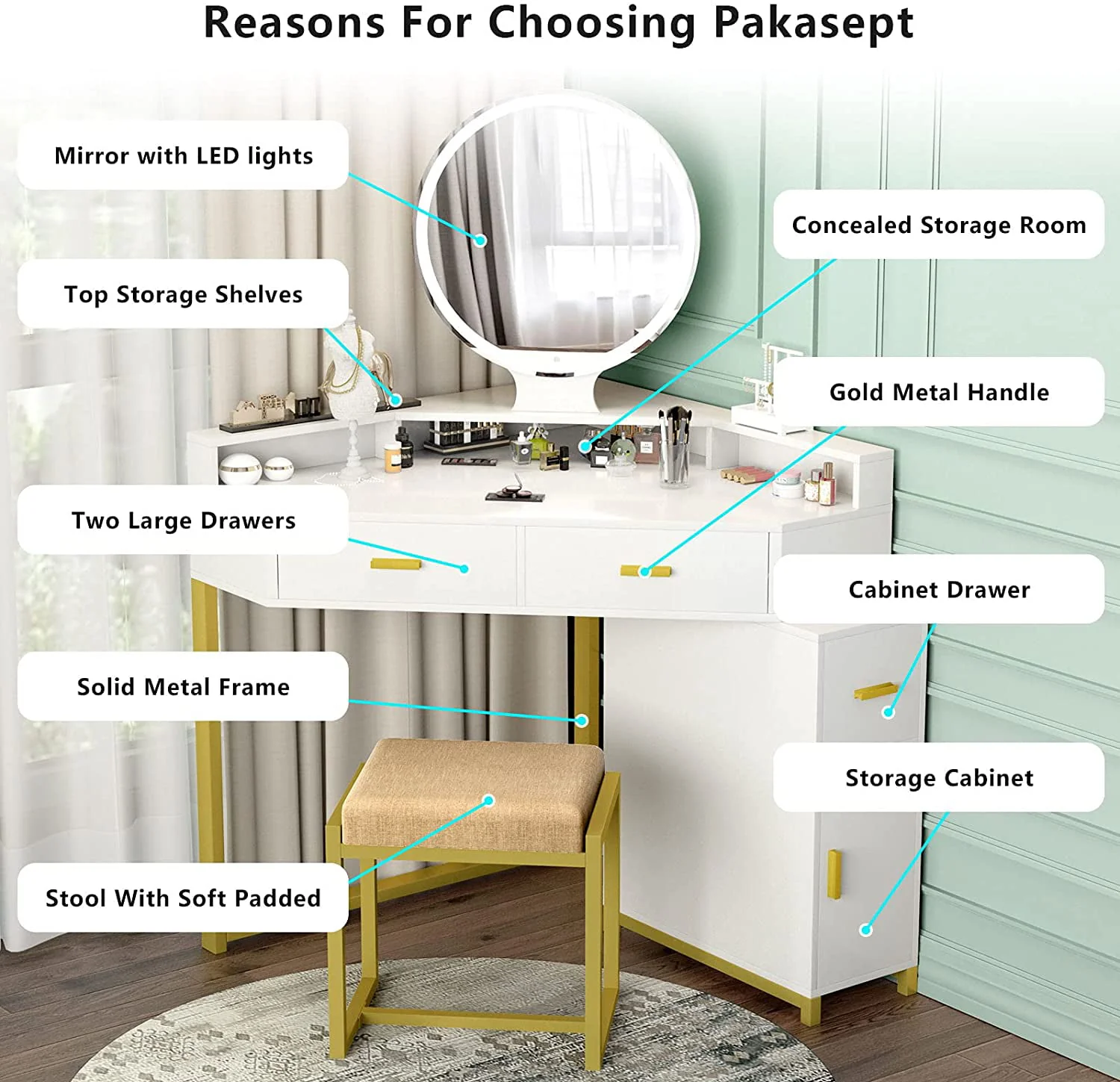 Lowest Prices - Corner Vanity Set with Lighted Mirror, Makeup Vanity Dressing Table with Drawers, Cabinet and Cushioned Stool, Girls Vanity Desk for Bathroom, Bedroom, White by TZUTOGETHER - JYSK