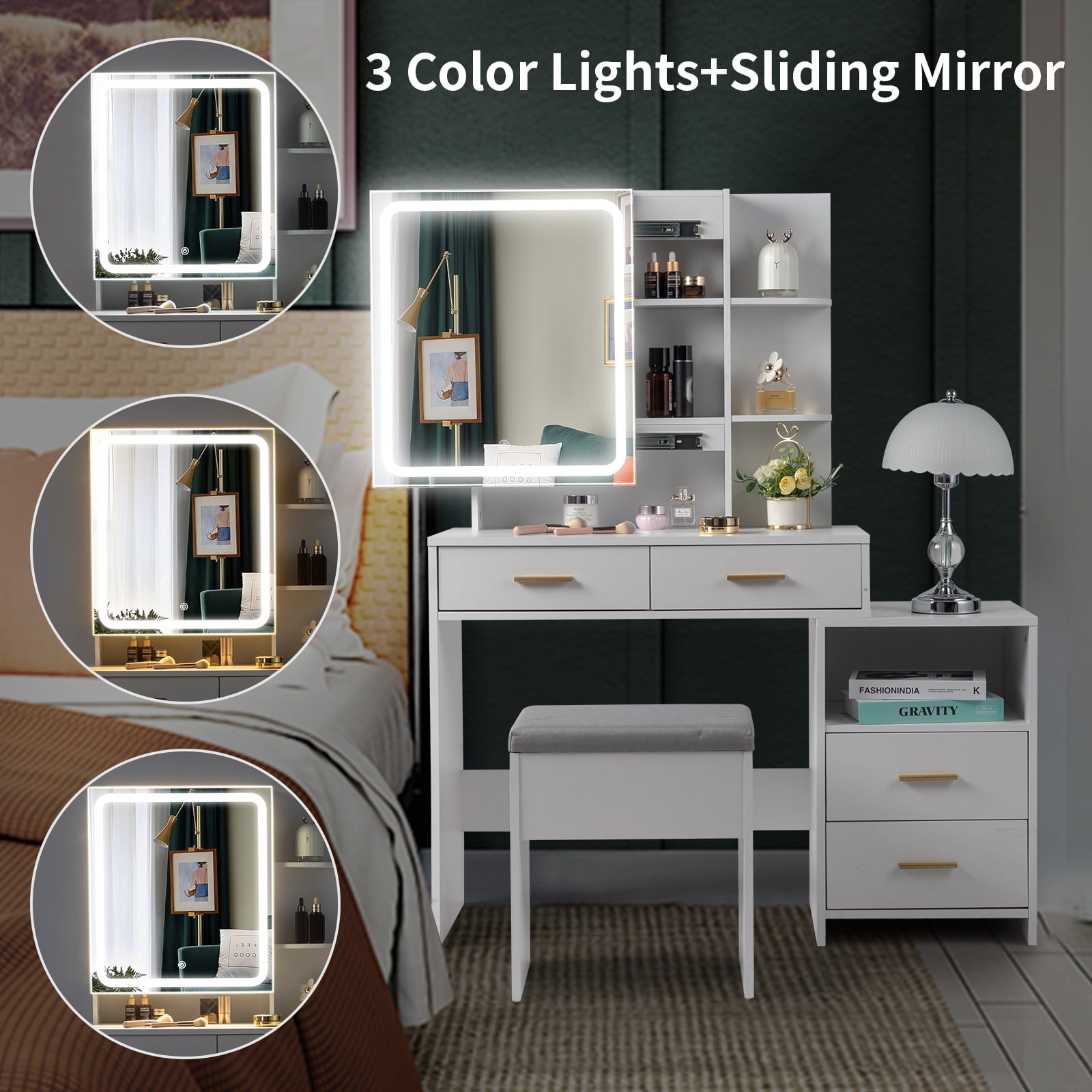 Lowest Prices - Ktaxon 3 Color Lighted Vanity Table with Sliding Mirror Vanity Set with Storage Drawers Hidden Shelves Cushion Stool White - JYSK