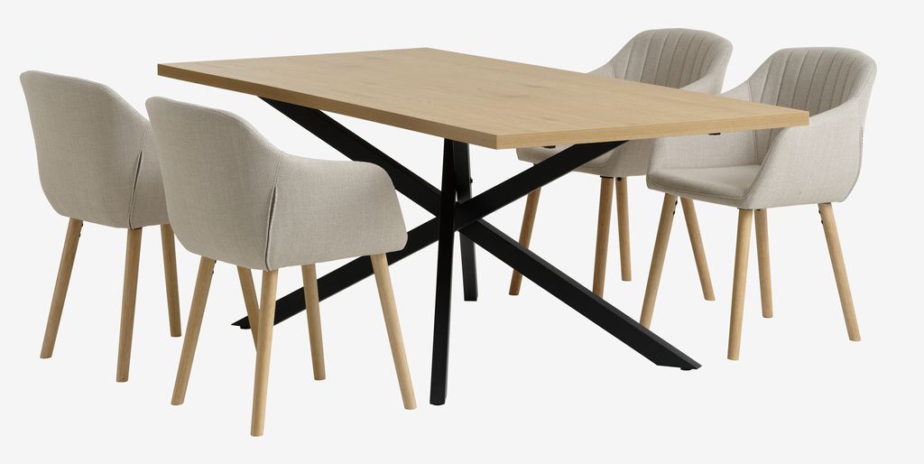 NORTOFT L200 table oak + 4 ADSLEV chairs beige fabric - JYSK
