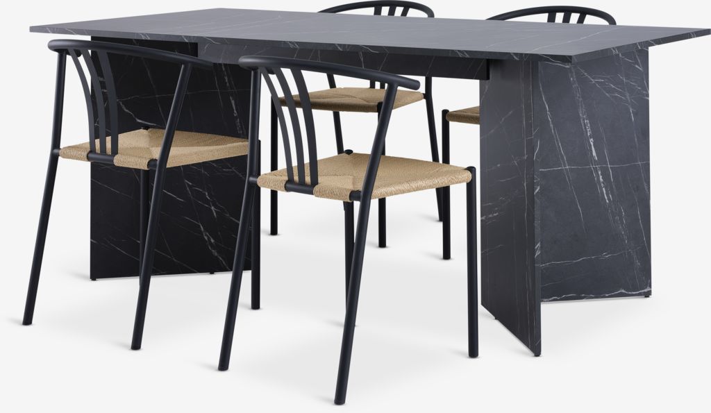 KRONDAL L180 table marble + 4 JYDERUP chairs black/natural - JYSK