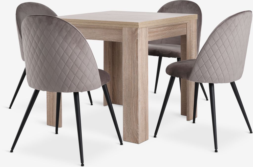 HASLUND L80/160 table oak + 4 KOKKEDAL chairs grey velvet - JYSK
