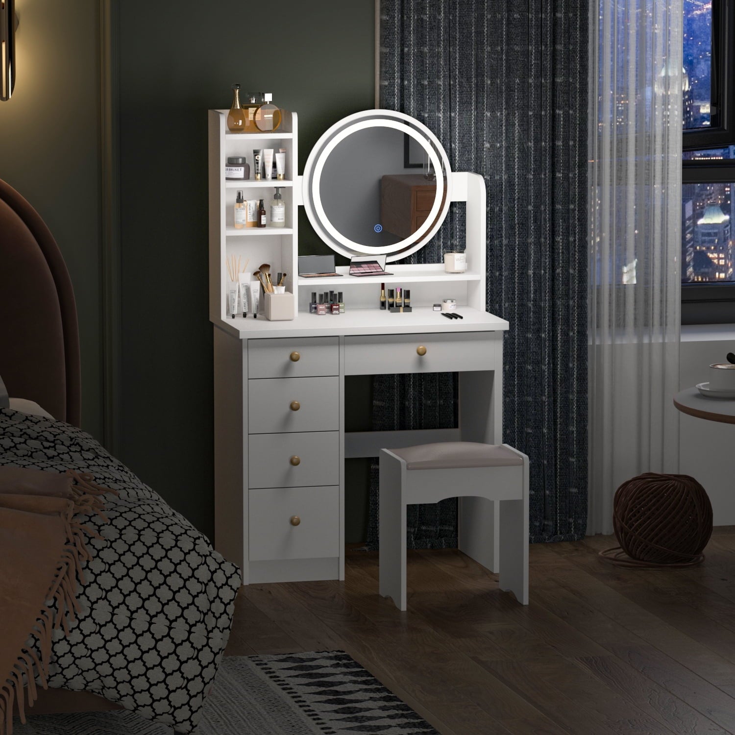 Lowest Prices - Makeup Vanity Dressing Table with 5 Drawers and Shelves, Vanity Set with Lighted Round Mirror, White Dresser Desk and Cushioned Stool Set - JYSK