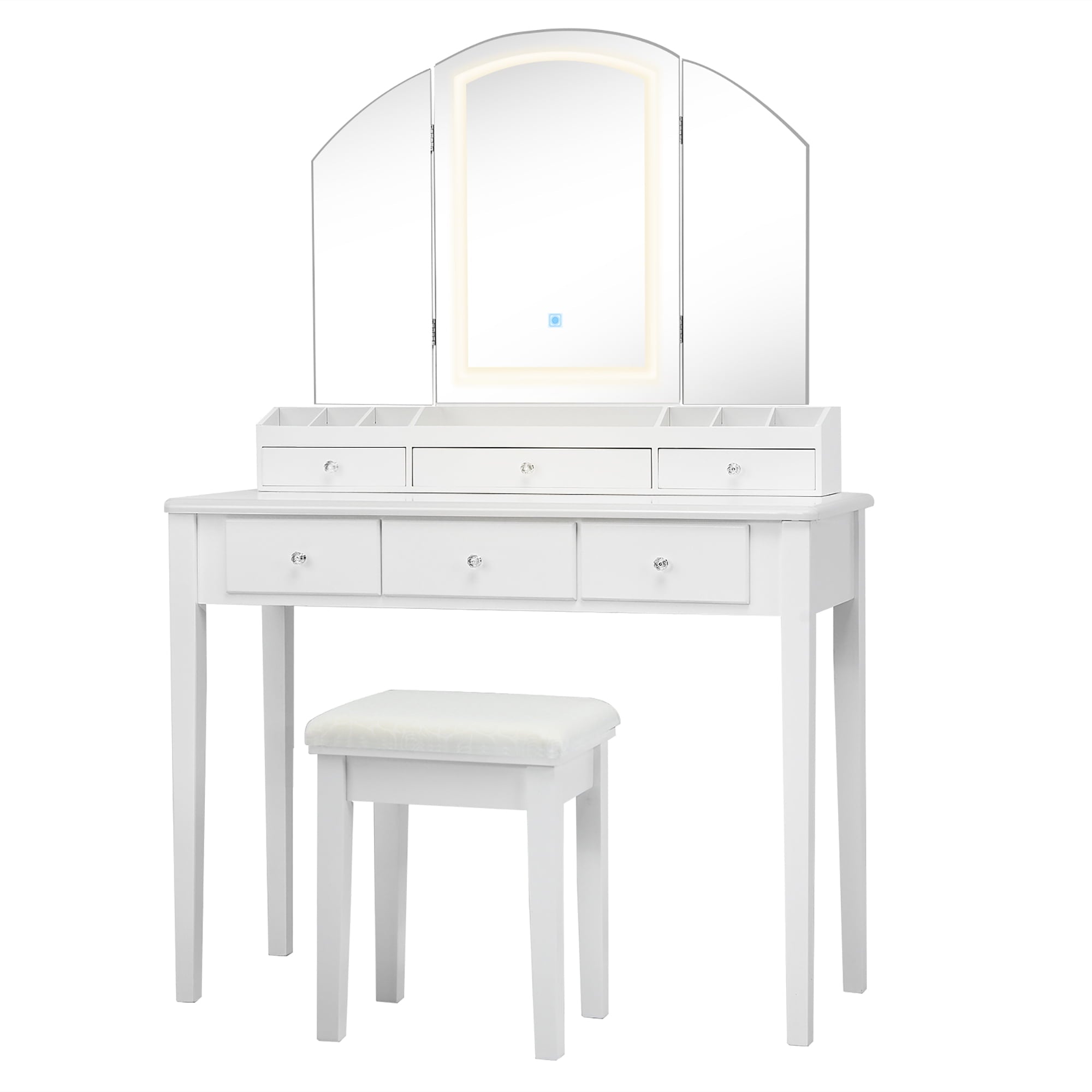 Lowest Prices - Costway Vanity Table Stool Set Large Tri-folding Lighted Mirror 6 Drawer Dresser White - JYSK