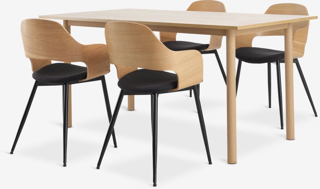 ALSTED L160 table oak + 4 HVIDOVRE chairs oak/black - JYSK
