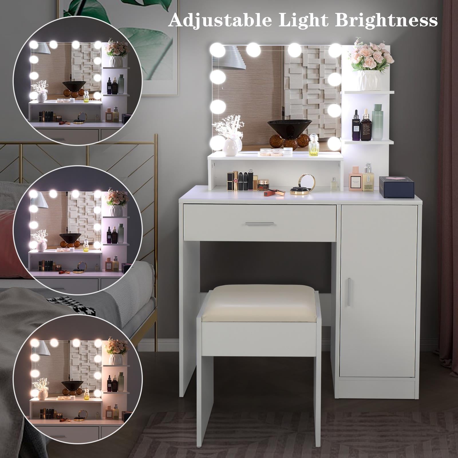 Lowest Prices - Ktaxon Vanity Set with 3 Color Lighted Mirror, Makeup Table with 3 Storage Shelves & Drawers, Dressing Table Makeup Desk with Stool,White - JYSK