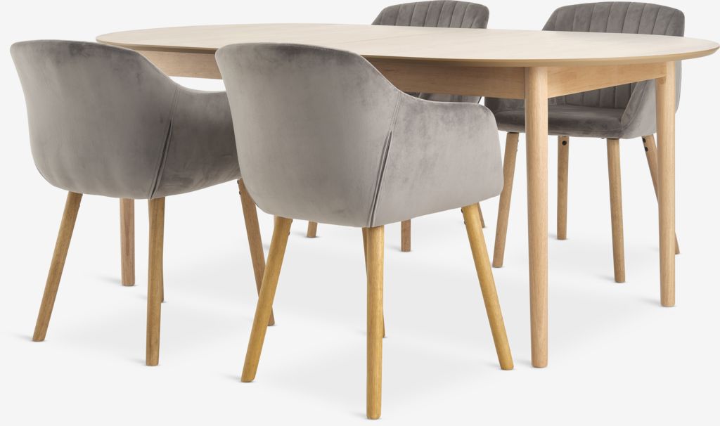 MARSTRAND L200/280 table oak + 4 ADSLEV chairs grey velvet - JYSK