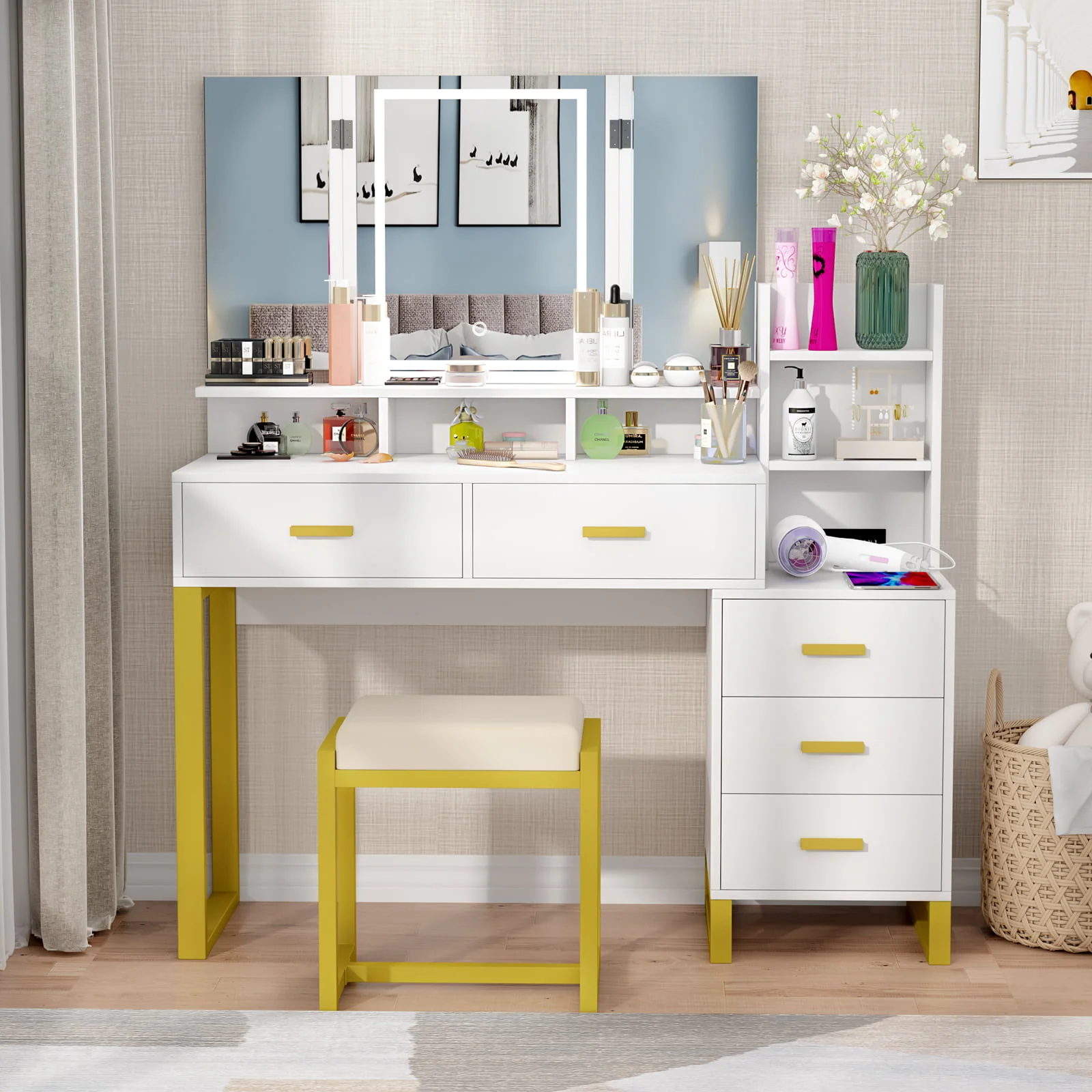 Lowest Prices - PAKASEPT Vanity Set with Tri-Fold Makeup Mirror, Large Vanity Desk Makeup Vanity with 3-Color Adjustable Touch Light, Charging Station, 5 Drawers, Storage Shelves&Cushioned Stool for Bedroom, White - JYSK