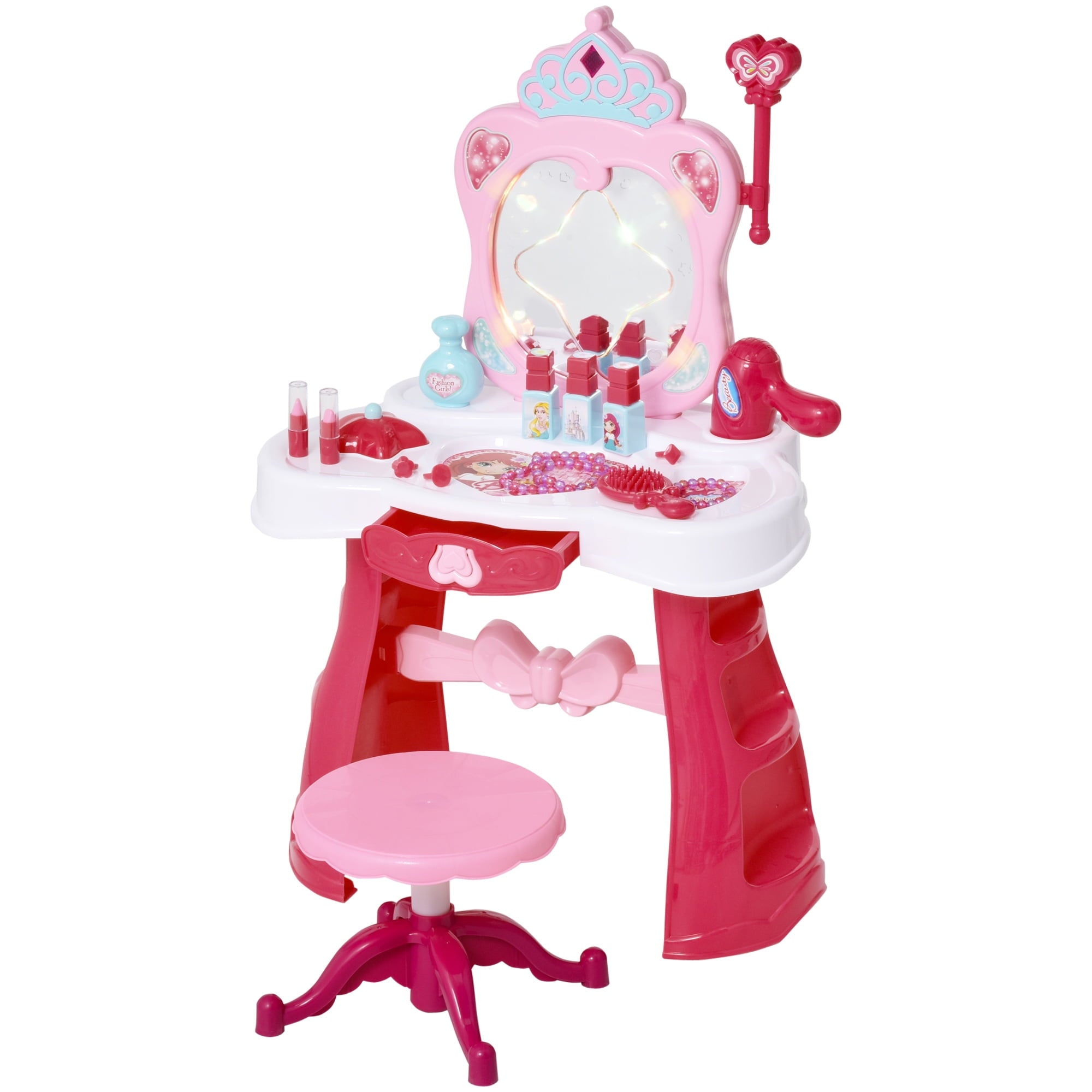 Lowest Prices - Qaba Children Dressing Table Set for Kids of 3-6 Years Dream Princess Vanity Set for Girls Make Up Table and Stool Set with Music and Lightening Pink White - JYSK