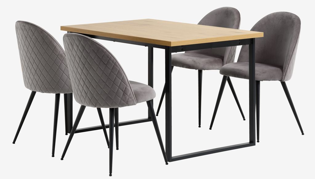 AABENRAA L120 table oak + 4 KOKKEDAL chairs grey velvet - JYSK