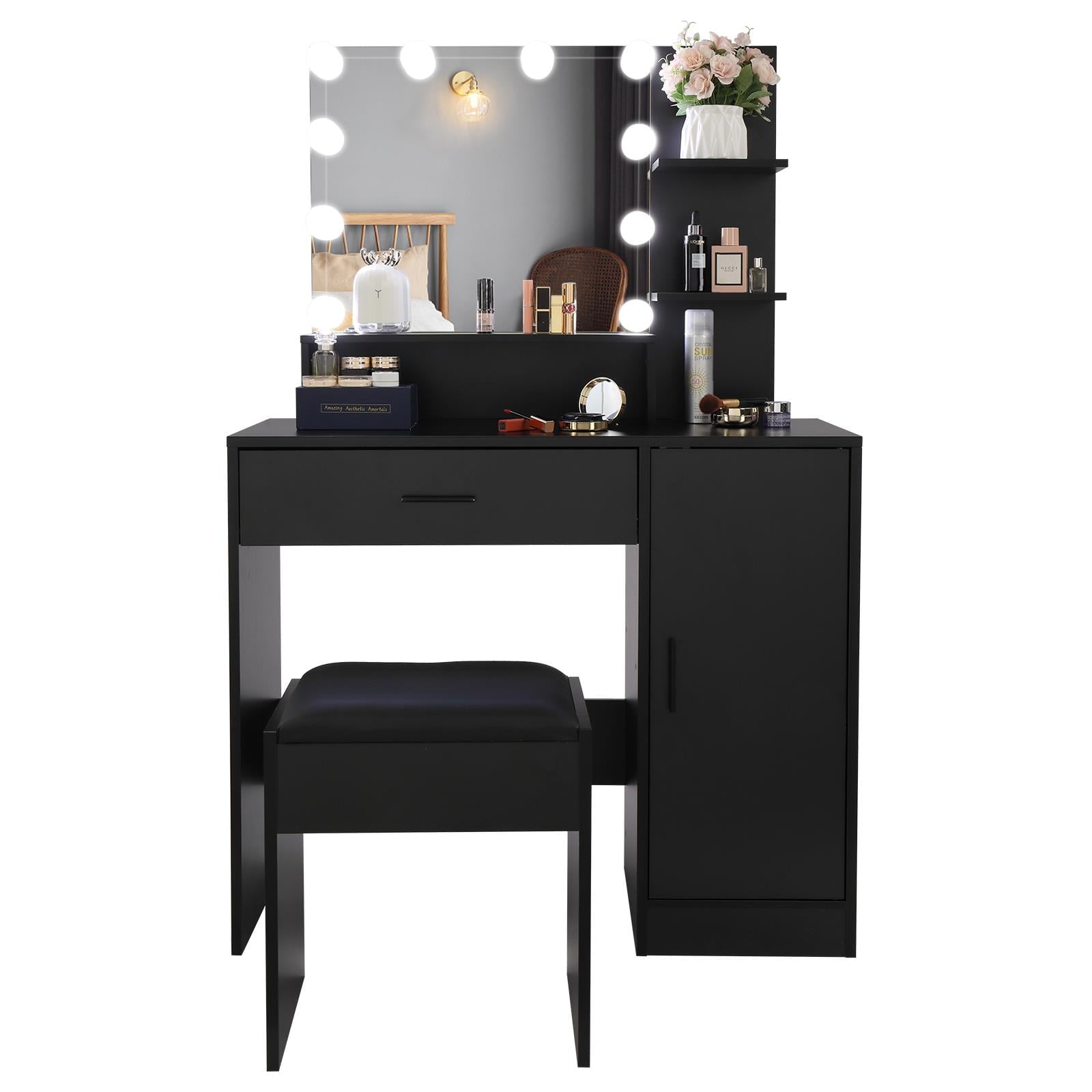 Lowest Prices - Ktaxon Vanity Set with 3 Color Lighted Mirror, Makeup Table with 3 Storage Shelves & Drawers, Dressing Table Makeup Desk with Stool,White - JYSK