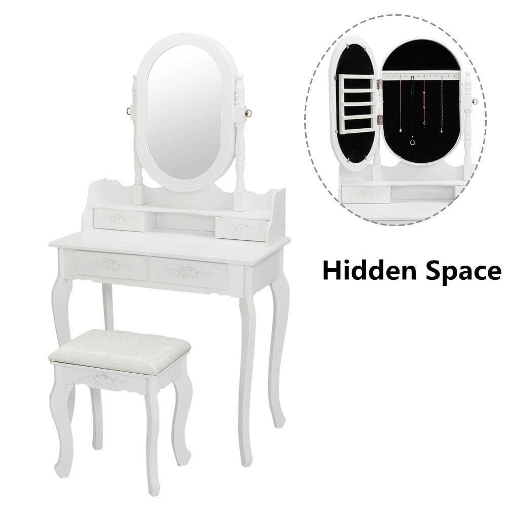 Lowest Prices - Ktaxon Vanity Jewelry Wooden Makeup Dressing Table Set W/Stool Mirror Cabinet &4 Drawer - JYSK