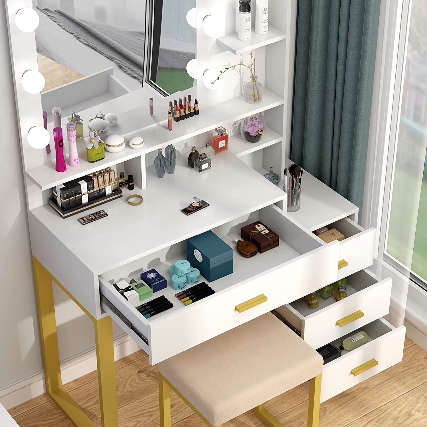 Lowest Prices - Pakasept Vanity Set with Lighted Mirror, Makeup Vanity Dressing Table with LED Light, Drawers, Storage Shelves and Cushioned Stool, Small Vanity Desk for Bedroom - JYSK