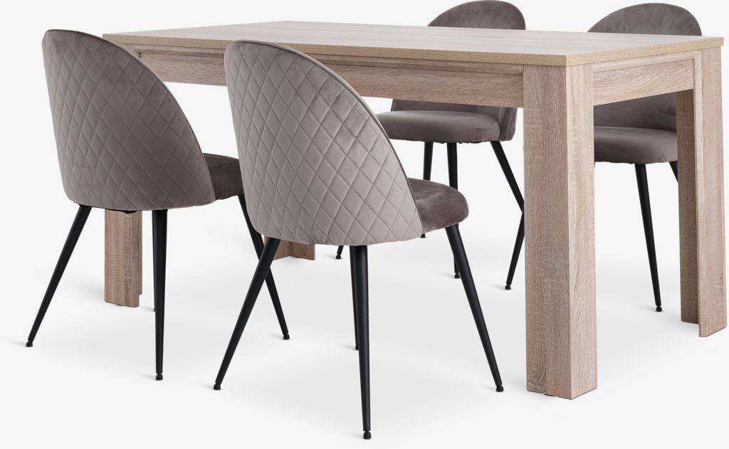 HASLUND L160 table oak + 4 KOKKEDAL chairs grey velvet - JYSK