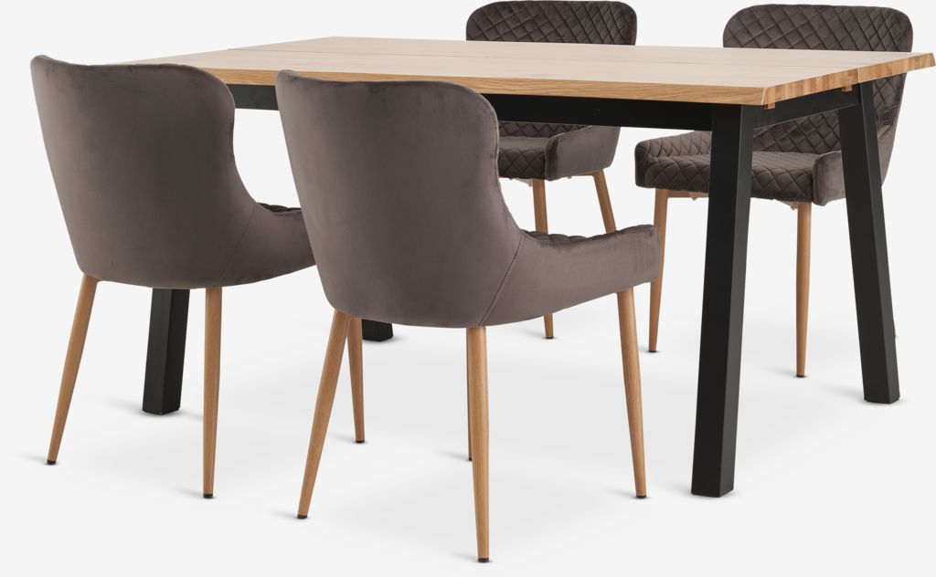 SKOVLUNDE L160 table nat. oak + 4 PEBRINGE chair grey velvet - JYSK