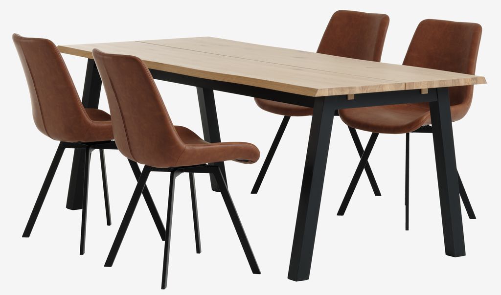 SKOVLUNDE L200 table natural oak+4 HYGUM chairs cognac - JYSK