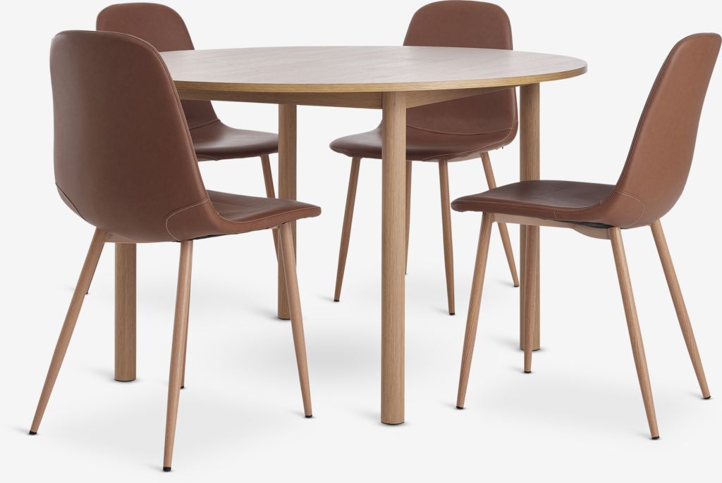 ALSTED D120 table oak + 4 JONSTRUP chairsu00a0cognac/oak - JYSK